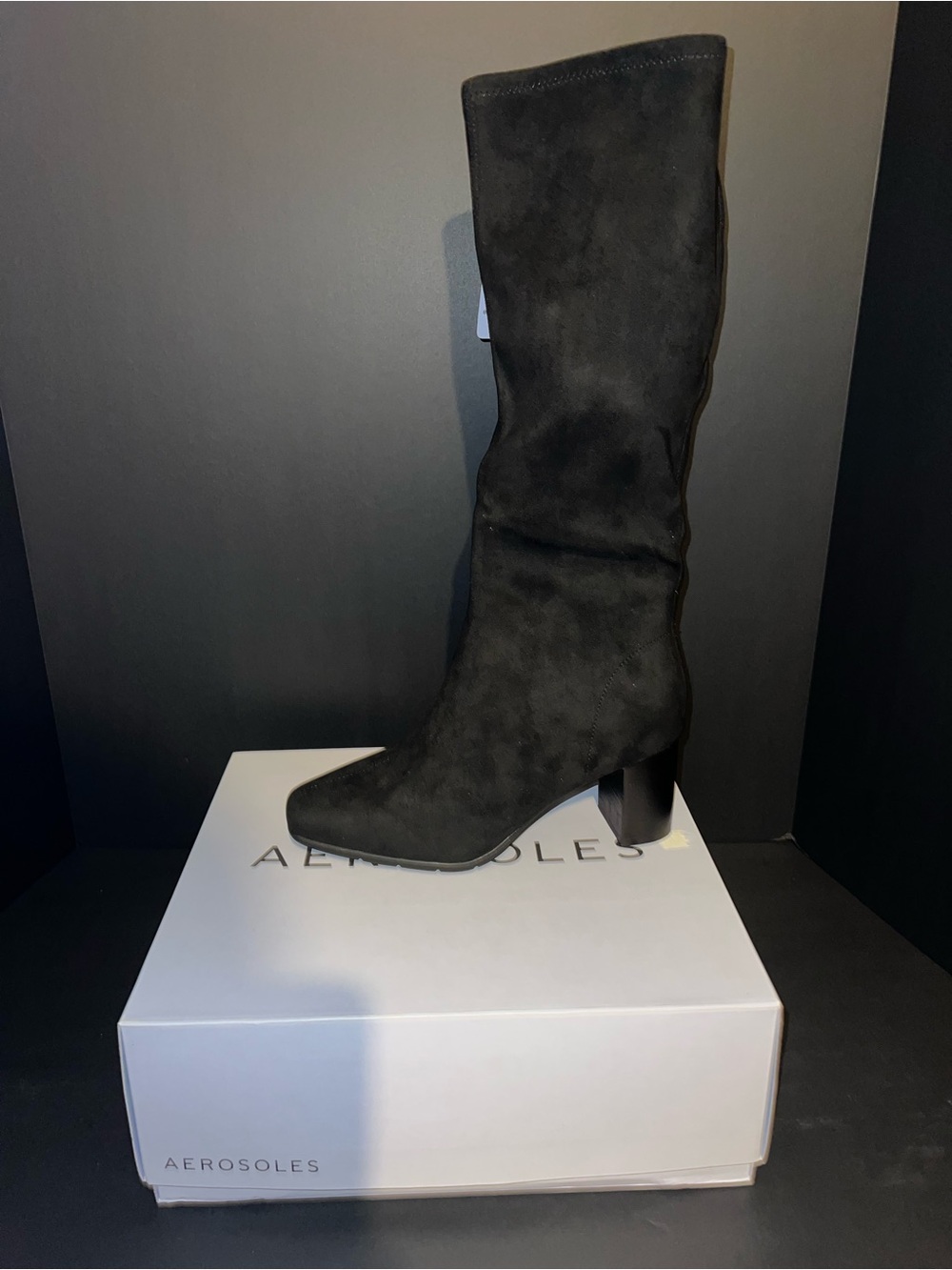 AEROSOLES Black Suede Knee-High Block Heel Boots